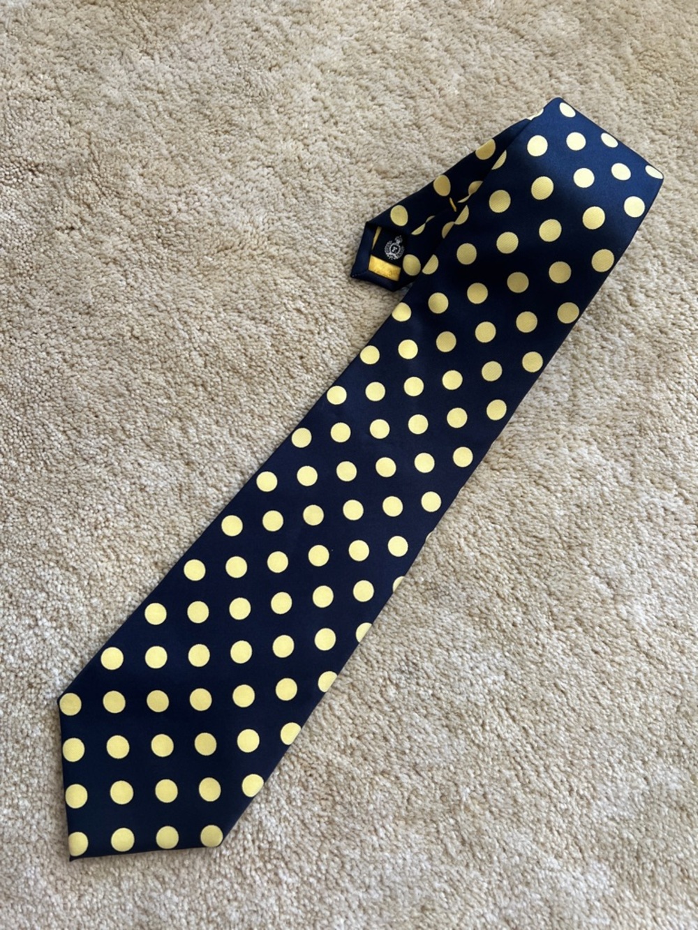 Navy 💯 Silk Tie with Yellow Polka Dots